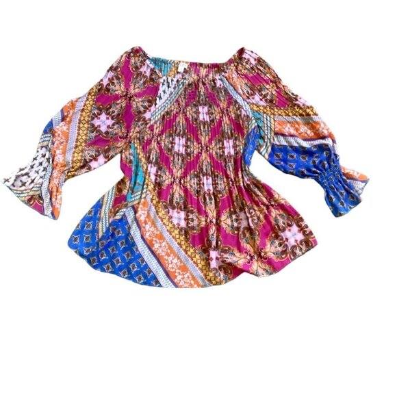 Spense Bell Sleeve Crinkle BOHO Peasant Top Colorful Mixed Pattern Sz M 75i - Picture 5 of 7